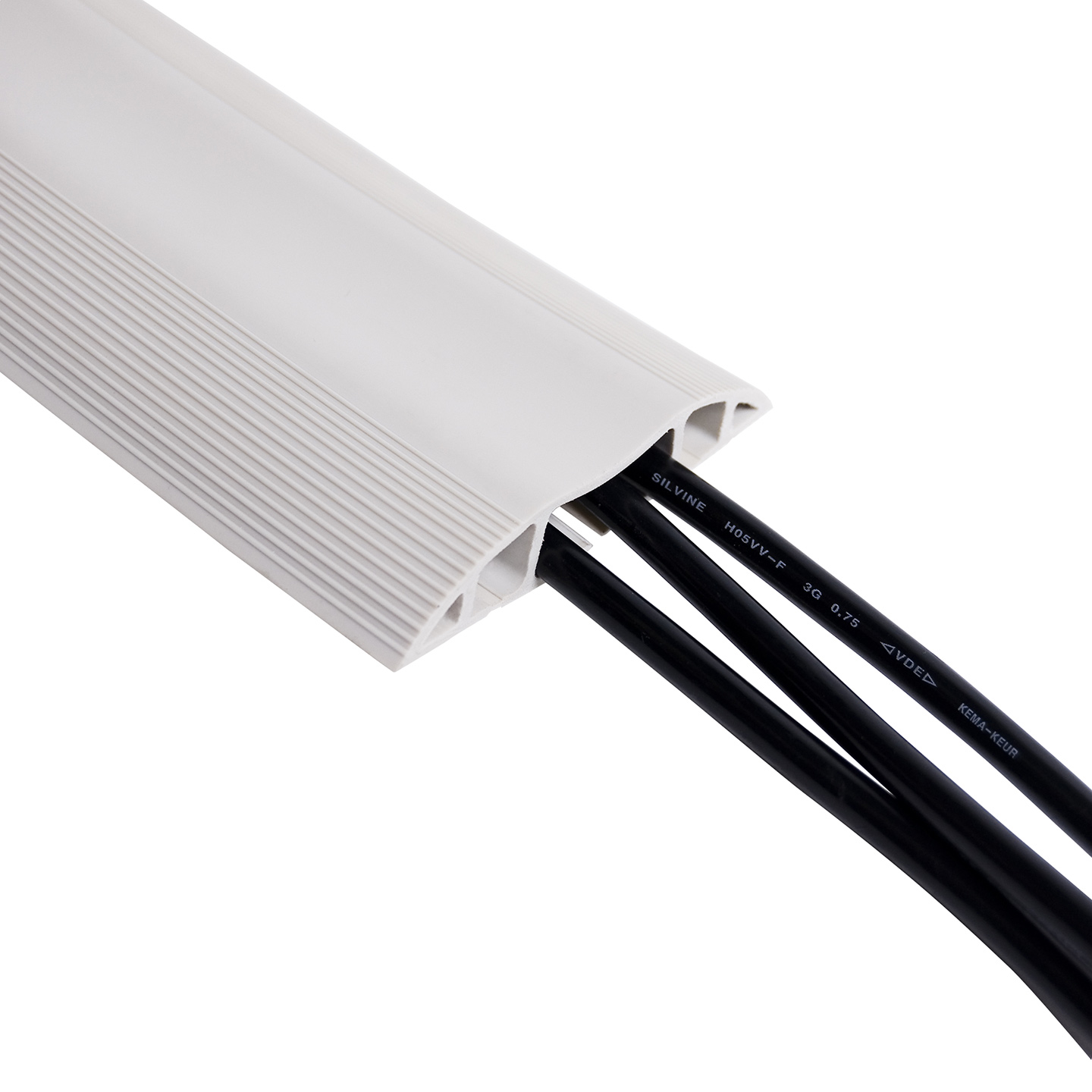 31.300 The Cable Protector not only protects the cables running over the floor, it also prevents tripping. The Cable Protector has sloping edges with non-skid ridges and three large cable ducts to separate data and power cables to prevent interference.