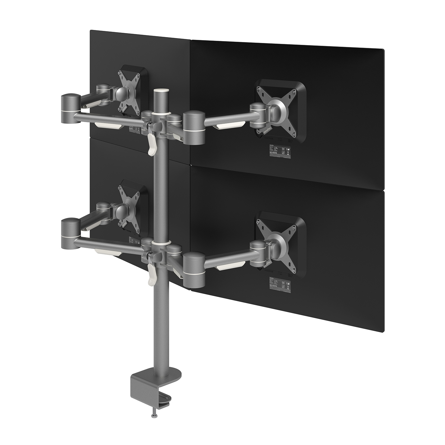 52.622 With each of the four arms being height and depth adjustable, this  monitor arm makes a great quadruple monitor set-up. The clamp levers make height adjustment a breeze. An ergonomic design that is robust, cost-effective and easy to use.