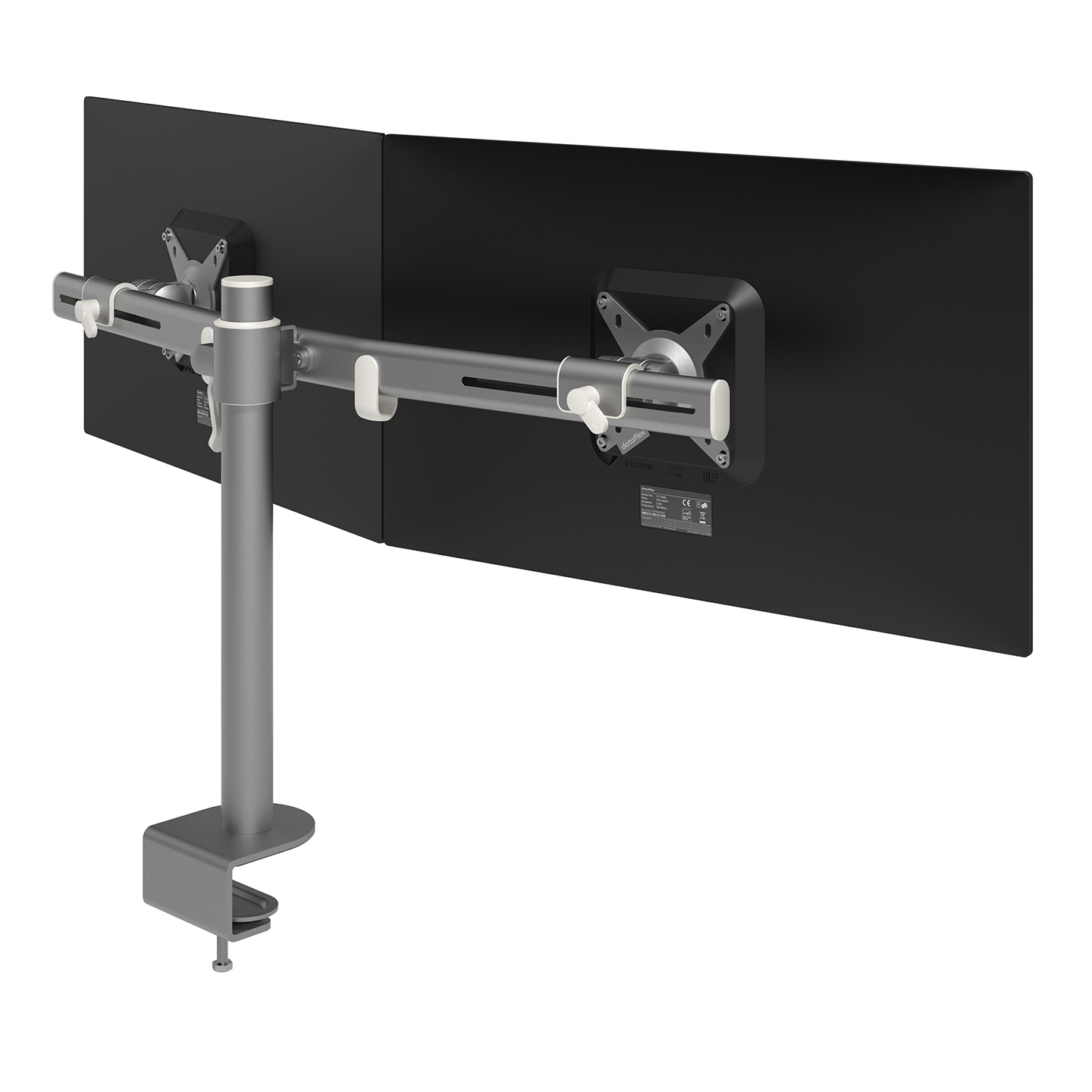 52.642 This dual  monitor arm combines strength, practicality and usability in one package. The clamp lever lets you adjust the height of your monitors with the greatest of ease. With cable management on the crossbar and pole, this product offers a practical and user-friendly way to achieve a great and affordable dual monitor set-up.