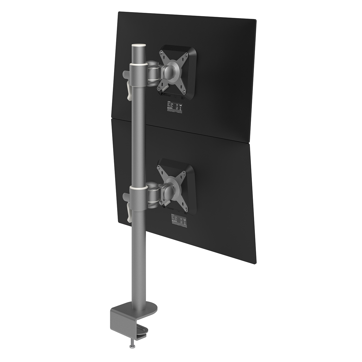 52.672 This monitor arm mounts two monitors vertically, which can be adjusted in height independently from each other. The clamp levers make height adjustment a breeze. An ergonomic design that is robust, cost-effective and easy to use.