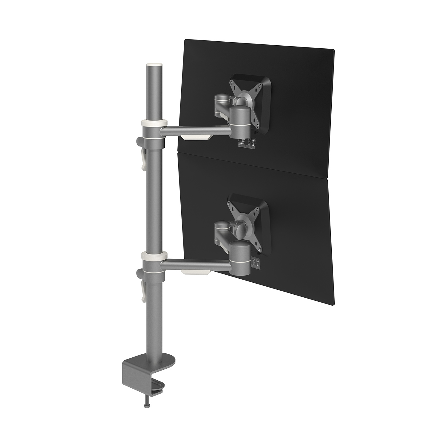 52.682 This  monitor arm supports two monitors stacked on top of each other, which can be adjusted in height and depth independently. The clamp levers make height adjustment a breeze. An ergonomic design that is robust, cost-effective and easy to use.