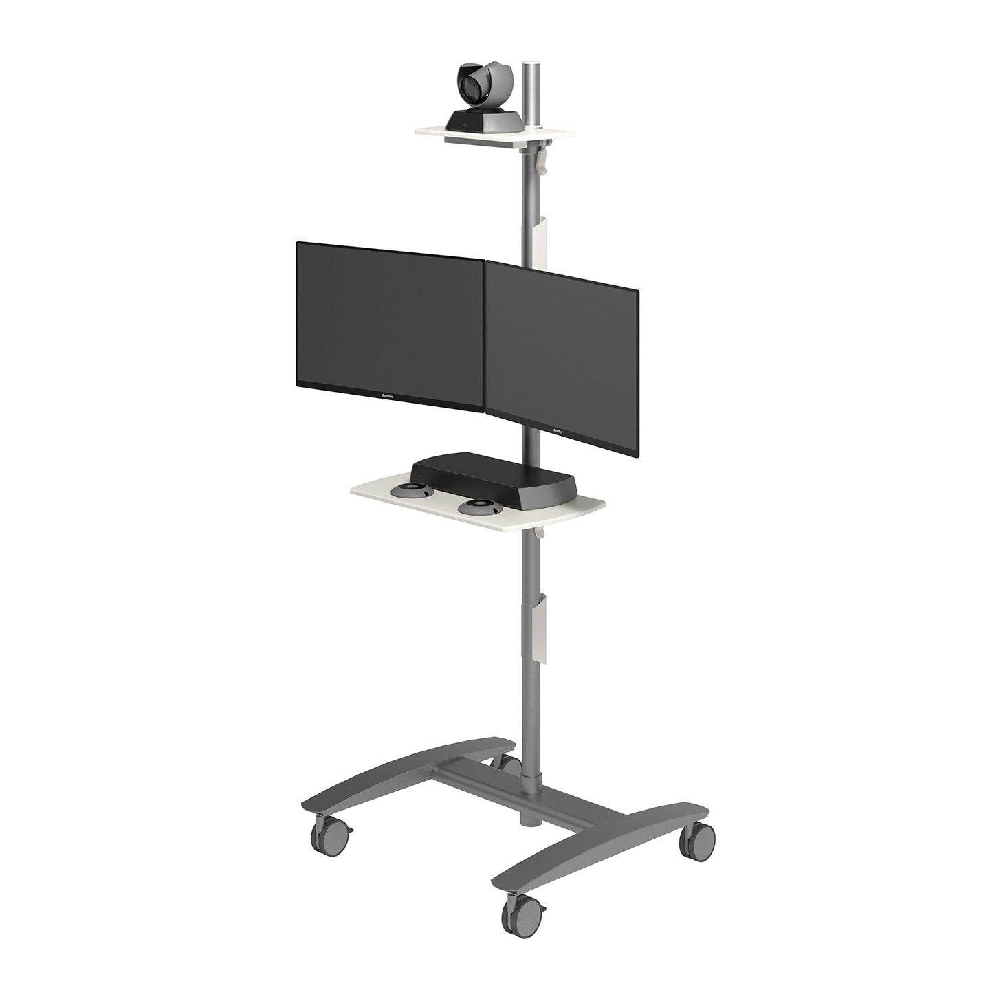 52.722 Deze conferentietrolley is geweldig voor videoconferentie- en telepresence-systemen. Deze heeft bladen voor een camera en decoder en is uitgerust met twee monitorbevestigingen voor het tegelijkertijd bekijken van uw eigen presentatie en uw publiek. Omdat deze trolley grote vergrendelbare zwenkwielen heeft, vormen deuren met drempels geen belemmering.